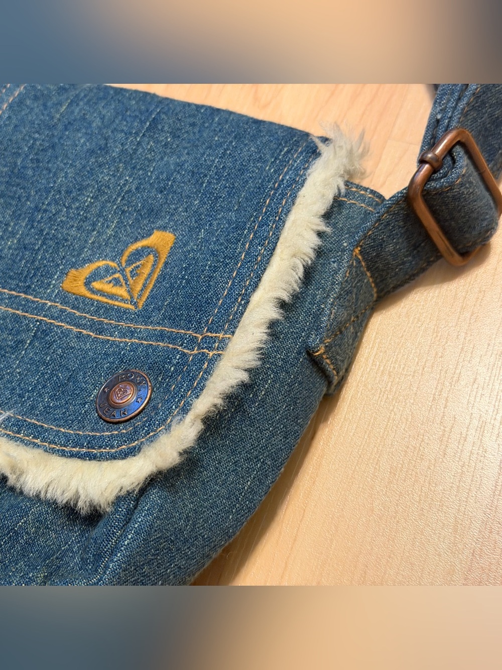 Roxy Jean Vintage Y2K Denim Sherpa Shoulder Purse Bag Satchel Women's Surf Swim - Picture 3 of 6